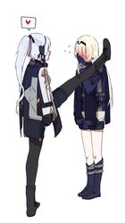  2girls absurdres ak-12_(girls&#039;_frontline) an-94_(girls&#039;_frontline) blonde_hair blue_hair blush commentary_request covering_own_mouth flying_sweatdrops foot_kabedon girls&#039;_frontline heart highres huqu kabedon korean_commentary multiple_girls simple_background speech_bubble split spoken_heart standing standing_on_one_leg standing_split white_background yuri 