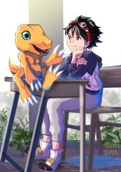  agumon agumon_(survive) anthro bandai_namco black_hair claws desk digimon digimon_(species) digimon_survive duo eyewear eyewear_on_head furniture goggles goggles_on_head green_eyes hair human male mammal sitting table takuma_momozuka vfcou yellow_body 