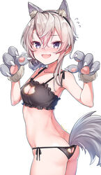  alternate_costume animal_ear_fluff animal_ears ass ass_cutout asymmetrical_hair bare_arms bare_shoulders black_bra black_panties blush bra breasts cat_lingerie cleavage_cutout clothing_cutout collarbone cowboy_shot fake_animal_ears female flying_sweatdrops from_side gloves hairband halloween_costume highres kantai_collection konnyaku_(kk-monmon) looking_at_viewer meme_attire nose_blush nowaki_(kantai_collection) panties paw_gloves paw_pose paws purple_eyes side-tie_panties silver_hair small_breasts solo standing string_panties tail underwear underwear_only wolf_ears wolf_tail 