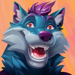  1:1 anthro blue_body blue_fur canid canine canis diddydoo fur hair headshot_portrait looking_at_viewer male mammal open_mouth portrait purple_hair purple_nose red_eyes simple_background smile solo teeth tongue wolf yukon 