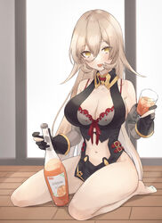  absurdres aodake_(winter1517) bad_id bad_pixiv_id barefoot black_dress black_gloves blonde_hair bottle breasts clothing_cutout commentary_request cup detached_sleeves dress female gloves hair_between_eyes highres holding holding_bottle holding_cup large_breasts long_hair looking_at_viewer navel_cutout nijisanji nui_sociere nui_sociere_(1st_costume) on_floor parted_lips partially_fingerless_gloves sitting sleeveless sleeveless_dress solo very_long_hair virtual_youtuber yellow_eyes 