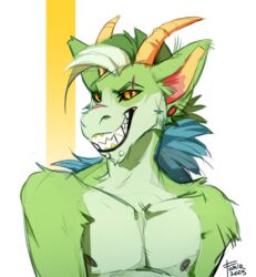  2023 anthro areola black_sclera blue_hair bust_portrait chin_piercing dated dragon ear_piercing famir_(artist) famir_(character) front_view fur furred_dragon furred_scalie gauged_ear glistening glistening_eyes green_body green_fur green_hair grin hair looking_at_viewer male multicolored_hair mythological_creature mythological_scalie mythology nipples nude piercing portrait pupils red_areola red_inner_ear red_nipples scalie sharp_teeth signature simple_background slit_pupils smile solo stud_piercing teeth white_hair yellow_eyes yellow_inner_ear 