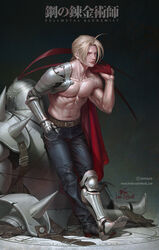  2boys abs ahoge alphonse_elric armor belt black_footwear black_pants blonde_hair braid brothers chains closed_mouth collarbone copyright_name edward_elric english_commentary forehead full_body fullmetal_alchemist gradient_background hand_in_pocket highres holding in-hyuk_lee instagram_username long_hair looking_at_viewer male_focus mechanical_arms mechanical_legs multiple_boys muscular muscular_male navel pants pectoral_cleavage pectorals photoshop_(medium) serious siblings signature single_braid single_mechanical_arm single_mechanical_leg taut_clothes taut_pants topless_male veins watermark web_address 