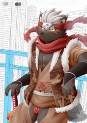  accessory anthro asian_clothing black_body black_fur bulge canid canine canis chaps clothing domestic_dog east_asian_clothing fundoshi fur hair headband hi_res homohomofever japanese_clothing lifewonders male mammal ninja open_crotch red_clothing red_fundoshi red_underwear scar scarf solo tadatomo_(tas) tokyo_afterschool_summoners underwear warrior white_hair 