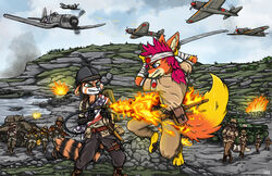  2023 a6m ailurid aircraft airplane alex_boehm anthro bad_guy_cafe battle beach black_body black_fur blue_eyes boat canid canine explosion f4u_corsair fight fire fire_(firefox) flag flamethrower fox fur group gun hi_res island japan katana male mammal melee_weapon military orange_body orange_fur ranged_weapon red_panda rifle seaside sherman_(tank) soldier stripes sword tank united_states_of_america vehicle war warrior watercraft weapon world_war_2 ziegelzeig 