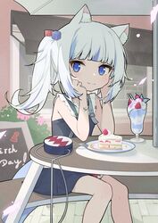  animal_ear_fluff animal_ears bag blue_dress blue_eyes blue_hair cake cat_ears cp2980606 cube_hair_ornament dress female food fork gawr_gura gawr_gura_(casual) grey_hair hair_ornament handbag happy_birthday head_rest highres hololive hololive_english long_hair looking_at_viewer multicolored_hair oerba_yun_fang parfait shoulder_bag side_ponytail sitting skin_fang smile solo strawberry_shortcake streaked_hair tail unworn_bag virtual_youtuber 