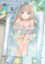  :o absurdres bare_shoulders bathtub blue_eyes blush breasts brown_hair cellphone cleavage commentary dress faucet female food frilled_dress frills from_above fruit fruit_on_liquid green_nails hair_ornament hairband hand_on_own_knee hand_up highres indoors leaf lemon lemon_print lemon_slice long_hair looking_at_viewer looking_up mochitsuki_usa nail_polish open_mouth original partially_submerged phone plant potted_plant rubber_duck sitting sleeveless small_breasts smartphone soap_bottle solo symbol-only_commentary water water_drop wet wet_clothes white_dress 