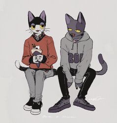  2boys :3 animal_crossing animal_ears between_legs black_eyes black_footwear black_fur black_nails bob_(animal_crossing) body_fur cat_boy cat_ears cat_tail collared_shirt colored_sclera food food_on_face full_body furry furry_male grey_background grey_fur grey_hoodie grey_nails grey_pants grey_shirt hand_between_legs hands_up highres holding holding_food holding_ice_cream hood hood_down hoodie ice_cream jitome long_sleeves looking_at_another male_focus multiple_boys nagabe open_mouth original pants plaid plaid_shirt punchy_(animal_crossing) purple_footwear purple_fur red_sweater shirt shoes sitting sneakers sweater tail whiskers yellow_sclera 