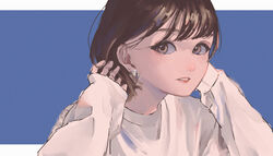  absurdres blue_background brown_hair commentary earrings english_commentary female hands_up highres jewelry long_sleeves original parted_lips ritao_kamo shirt short_hair simple_background sleeves_past_wrists solo triangle_earrings white_shirt 