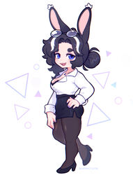  animal_ears artist_name black_footwear black_hair black_pantyhose black_skirt blue_eyes breasts cleavage collared_shirt eyewear_on_head female full_body glasses hair_bun hand_on_own_hip high_heels highres jewelry large_breasts long_sleeves m_(sharktuna) multicolored_hair necklace office_lady open_mouth original pantyhose parted_bangs pencil_skirt rabbit_ears rabbit_girl rabbit_tail sharktuna shirt short_hair skirt smile solo tail teeth upper_teeth_only white_background white_hair white_shirt 