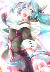  akino_coto aqua_eyes aqua_hair bracelet commentary cowboy_shot female hair_ornament hand_in_hand_(vocaloid) hatsune_miku headset highres holding_hands jewelry long_hair looking_at_viewer magical_mirai_(vocaloid) magical_mirai_miku magical_mirai_miku_(2015) necktie open_mouth out_of_frame pov pov_hands profile sideways_glance smile solo_focus twintails very_long_hair vocaloid 