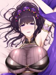  armlet bare_shoulders black_gloves black_one-piece_swimsuit breasts dakimakura_(medium) fate/grand_order fate_(series) female fingerless_gloves flower gloves gold_trim hair_flower hair_ornament hair_up half_gloves highres large_breasts long_hair looking_at_viewer murasaki_shikibu_(fate) murasaki_shikibu_(swimsuit_rider)_(fate) murasaki_shikibu_(swimsuit_rider)_(first_ascension)_(fate) one-piece_swimsuit open_mouth purple_eyes purple_hair shiroshisu solo swimsuit tied_hair 