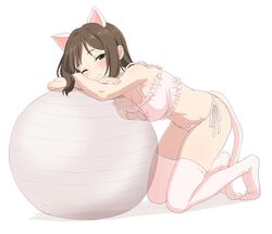  animal_ears ball bikini bra breasts brown_hair cat_cutout cat_ear_panties cat_ears cat_lingerie cleavage cleavage_cutout clothing_cutout exercise_ball fake_animal_ears fake_tail female frilled_bra frills full_body green_eyes highres idolmaster idolmaster_cinderella_girls leaning_on_ball lingerie looking_at_viewer maekawa_miku meme_attire one_eye_closed panties pink_bikini pink_thighhighs short_hair side-tie_panties simple_background sincos solo swimsuit tail thighhighs underwear white_background 