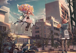  2girls absurdres amiya_(arknights) angelina_(arknights) animal_ears anklet arknights arm_up beancake black_coat black_footwear black_legwear black_shirt bouquet breasts brown_eyes brown_hair building city coat contrail day eye_contact flower flying fox_ears full_body gloves hairband highres holding holding_bouquet hood hood_down jewelry kneehighs long_hair long_sleeves looking_at_another low_ponytail multiple_girls open_clothes open_coat outdoors pantyhose plant potted_plant rabbit_ears railing red_hairband rooftop shirt shoes sitting sneakers socks standing very_long_hair waving white_coat white_gloves 