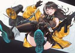  bare_shoulders black_footwear black_gloves black_skirt black_thighhighs blush breasts brown_hair colt_9mm_smg commentary english_commentary female gas_mask girls&#039;_frontline gloves grey_sweater gun holding holding_gun holding_weapon id_card jacket knee_pads large_breasts long_hair mask multicolored_hair one_eye_closed open_mouth persocon93 ribbed_sweater ro635_(girls&#039;_frontline) ro635_(mod3)_(girls&#039;_frontline) shoe_soles skirt sleeveless sleeveless_sweater solo streaked_hair sweater thighhighs two-tone_hair wavy_mouth weapon white_hair yellow_eyes yellow_jacket 