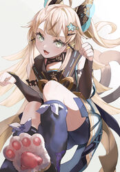  absurdres ahoge animal_ears bare_shoulders black_choker black_leg_warmers blonde_hair bow brown_tank_top cat_ears cat_feet cat_girl cat_tail choker crop_top detached_sleeves female genshin_impact green_eyes hair_ornament hairclip highres kirara_(genshin_impact) long_hair looking_at_viewer mebuki_(moon_angel_4) multiple_tails nekomata open_mouth paw_pose simple_background smile solo tail tank_top two_tails white_background 