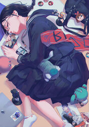  absurdres black_sailor_collar black_shirt black_skirt closed_eyes commentary female glasses hatsune_miku highres kagamine_rin kirby kirby_(series) kizuna_ai kizuna_ai_inc. lanyard lying on_side original phone pleated_skirt ritao_kamo sailor_collar school_uniform serafuku shadow shirt skirt socks solo stuffed_toy vocaloid white_socks 