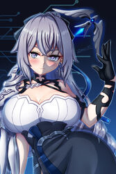  artist_name bare_shoulders black_gloves blush breasts bronya_zaychik bronya_zaychik_(silverwing:_n-ex) cleavage closed_mouth dress drill_hair earrings female gloves grey_eyes grey_hair highres honkai_(series) honkai_impact_3rd jewelry large_breasts long_hair looking_at_viewer signature single_glove single_sleeve solo twin_drills white_dress white_sleeves zero130 