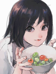  absurdres bad_id bad_pixiv_id black_eyes black_hair bowl female food hands_up highres looking_at_viewer original ritao_kamo shirt short_hair simple_background smile solo white_background white_shirt 