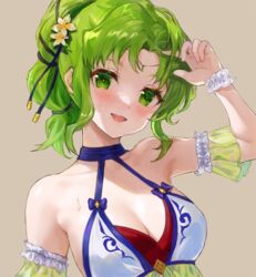  bare_shoulders bikini breasts cleavage collarbone commentary female fire_emblem fire_emblem:_the_sacred_stones fire_emblem_heroes flower green_eyes green_hair hair_flower hair_ornament highres jewelry jurge l&#039;arachel_(fire_emblem) l&#039;arachel_(summer)_(fire_emblem) medium_breasts medium_hair official_alternate_costume open_mouth smile solo swimsuit upper_body white_bikini 