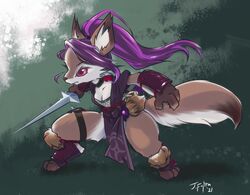  anthro canid canine caravan_stories clothed clothing female fox hair j-fujita kunoichi_(caravan_stories) mammal melee_weapon ninja ninja_suit purple_hair solo sword warrior weapon 