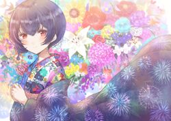  absurdres animal_print blush bob_cut female fireworks fireworks_print fish_print floral_background floral_print flower hair_between_eyes haori highres idolmaster idolmaster_shiny_colors japanese_clothes kimono lily_(flower) looking_at_viewer morino_rinze namamake purple_hair red_eyes rose short_hair sidelocks smile solo standing upper_body 