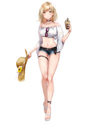  absurdres ankle_strap bare_shoulders belt black_choker blonde_hair blush bubble_tea choker collarbone commentary commission crop_top denim denim_shorts ear_piercing earrings eyewear_hang female flower food full_body godiva_chocolatier hair_ornament hairclip hat high_heels highres holding holding_clothes holding_food holding_hat jewelry konno_ao long_hair long_sleeves looking_at_viewer midriff navel original piercing shirt short_shorts shorts simple_background skeb_commission smile stomach strappy_heels straw_hat sun_hat sunflower sunglasses thigh_strap tied_shirt unworn_eyewear unworn_hat unworn_headwear walking white_background white_footwear white_shirt wide_sleeves yellow_eyes 