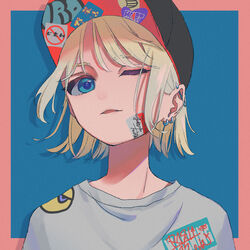  absurdres black_hat blonde_hair blue_background blue_eyes border ear_piercing earrings female grey_shirt hat highres jewelry looking_at_viewer one_eye_closed original parted_lips piercing pink_border portrait print_shirt ritao_kamo shirt short_hair simple_background solo sticker 