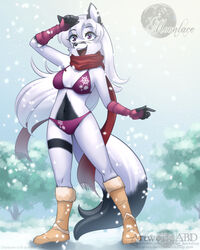  4:5 abluedeer anthro bikini boots breasts canid canine cleavage clothed clothing cold digital_media_(artwork) female fluffy fluffy_tail footwear fox fur gloves hair handwear hi_res holly_(abluedeer) mammal midriff moon_lace navel outside plant purple_eyes scarf shaded skimpy sky smile snow solo swimwear tail tree white_body white_fur white_hair winter 