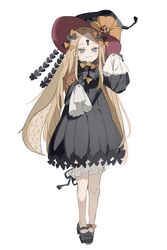  :3 abigail_williams_(fate) absurdres bad_id bad_pixiv_id black_dress black_footwear black_hat blonde_hair blue_eyes bow commentary dress fate/grand_order fate_(series) female footwear_bow frilled_dress frills full_body hairbow hat highres keyhole long_hair looking_at_viewer multiple_hair_bows note_nii orange_bow parted_bangs polka_dot polka_dot_bow simple_background sleeves_past_fingers sleeves_past_wrists smile smug solo stuffed_animal stuffed_toy suction_cups teddy_bear very_long_hair witch_hat 