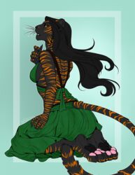  abstract_background amber_eyes anthro arctikah_(artist) arrogant azebet_(vixym) back_stripes black_body black_fur black_hair black_pawpads bow_ribbon clawed_fingers claws clothed clothing confident disapproval dress fangs feet felid female fur green_clothing green_dress hair hi_res hindpaw inner_ear_fluff kneeling kneeling_position long_hair looking_at_viewer looking_back looking_back_at_viewer mammal markings melanistic orange_stripes pantherine pawpads paws pink_pawpads pinup pose rear_view soles solo striped_body striped_fur striped_markings stripes tail_fluff teeth tiger tuft whiskers 