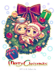  1boy animal_costume antlers bad_id bad_pixiv_id black_hair blue_eyes bow carrying chibi christmas christmas_ornaments christmas_wreath dixie_cup_hat dyresbroom female flower_skirt gift hair_bobbles hair_ornament hat higashikata_josuke_(jojolion) hirose_yasuho horns jojo_no_kimyou_na_bouken jojolion merry_christmas military_hat pink_hair princess_carry purple_eyes reindeer_antlers reindeer_costume sailor santa_costume santa_hat wreath 