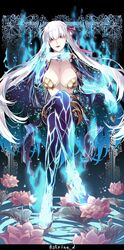  armor bikini_armor blue_fire blue_hair blunt_bangs body_markings breasts collar colored_inner_hair crossed_legs crystal dark_background demon demon_girl earrings fate/grand_order fate_(series) female fire floating floating_hair flower full_body gradient_skin hair_ribbon high_heels highres holding holding_flower jewelry kama_(fate) kama_(third_ascension)_(fate) large_breasts long_hair looking_at_viewer looking_up lotus lotus_earrings metal_bracelet metal_collar multicolored_hair navel petals pink_flower pink_ribbon red_eyes revealing_clothes ribbon ripples shirin_(tsukimiyagura) sitting solo starry_hair stomach thighlet torn very_long_hair water white_hair 