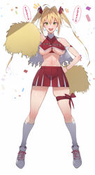  :d agovitch bare_shoulders bouncing_breasts breasts cheerleader confetti earrings fate/extra fate_(series) female framed_breasts full_body green_eyes groin hand_on_own_hip highres jewelry kneehighs long_hair looking_at_viewer navel nero_claudius_(fate) nero_claudius_(fate/extra) open_mouth pleated_skirt pom_pom_(cheerleading) simple_background skindentation skirt smile socks solo standing sweat teeth thigh_strap translated twintails underboob white_background white_socks 