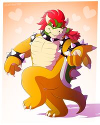  2022 4_fingers absurd_res anthro armband bowser bowser_day bracelet claws collar digital_media_(artwork) eyebrows finger_claws fingers flower flower_in_mouth glistening glistening_eyes hair heart_symbol hi_res horn jewelry koopa leo-wolf male mario_bros nintendo orange_body orange_scales plant pose red_eyes red_hair rose_(flower) rose_in_mouth scales scalie shell smile solo spiked_armband spiked_bracelet spiked_collar spiked_shell spikes spikes_(anatomy) tan_body tan_scales toe_claws 