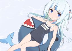  bad_id bad_pixiv_id bite_mark blue_eyes blue_hair character_name clothes_writing commentary covered_navel cp2980606 english_commentary female fins fish_tail flat_chest from_above gawr_gura hair_ornament highres hololive hololive_english innertube knees_together_feet_apart long_hair looking_at_viewer multicolored_hair one-piece_swimsuit pout school_swimsuit shark_hair_ornament shark_tail solo stitches streaked_hair swim_ring swimsuit tail thigh_gap virtual_youtuber 