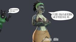  16:9 2023 3d_(artwork) anthro big_breasts black_body black_fur bottomwear bra breasts canid canine canis choker clothed clothing crossed_arms digital_media_(artwork) dragon dragon_(petruz) duo english_text female fur gesture green_clothing grey_body grey_scales grey_skin hair hand_gesture heart_symbol hi_res jewelry mammal mythological_creature mythological_scalie mythology nails necklace noreen_(zeke_dile) open_mouth petruz_(copyright) pointing pointing_at_another red_eyes scales scalie simple_background skirt smile source_filmmaker_(artwork) speech_bubble sugey_(zeke_dile) teeth text thick_thighs topwear underwear widescreen wolf wolf_(petruz) yellow_eyes zeke_dile 