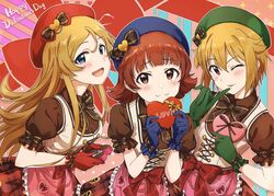  3girls 3little_candy_(idolmaster) :3 ;) apron ayano_yuu_(sonma_1426) beret black_bow black_bowtie black_shirt blue_eyes blue_gloves blue_headwear bow bowtie box brown_eyes brown_hair collared_shirt commentary english_text finger_to_mouth frilled_apron frilled_sleeves frills gift gloves green_gloves green_headwear happy_valentine hat hat_bow hat_ornament heart heart-shaped_box heart_hat_ornament highres holding holding_gift ibuki_tsubasa idol idolmaster idolmaster_million_live! idolmaster_million_live!_theater_days leaning_forward long_hair looking_at_viewer medium_hair multiple_girls nonohara_akane one_eye_closed open_mouth parted_lips pink_apron plaid plaid_skirt red_bow red_eyes red_gloves red_headwear red_skirt shinomiya_karen shirt short_hair short_sleeves side-by-side skirt smile standing valentine waist_apron 