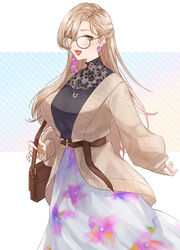  absurdres aodake_(winter1517) bad_id bad_pixiv_id bag belt bespectacled blonde_hair blush breasts brown_belt commentary_request earrings female floral_print glasses hair_between_eyes highres jewelry lace large_breasts long_hair long_sleeves looking_at_viewer necklace nijisanji nui_sociere nui_sociere_(4th_costume) oerba_yun_fang open_mouth round_eyewear simple_background skin_fang skirt solo virtual_youtuber yellow_eyes 