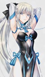  armpits arms_behind_head arms_up black_bow black_dress blue_eyes bow braid breasts center_opening cleavage dress fate/grand_order fate_(series) female grey_hair hairbow half_up_braid highres large_breasts long_hair long_sleeves looking_at_viewer mintes morgan_le_fay_(fate) pelvic_curtain ponytail sidelocks solo two-tone_dress very_long_hair white_dress wide_sleeves 