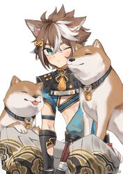  1boy animal animal_ears aodake_(winter1517) armor bandages black_gloves blue_eyes blush brown_hair canine crossed_bangs dog_boy dog_ears genshin_impact gloves gorou_(genshin_impact) hair_between_eyes hair_ornament highres japanese_armor japanese_clothes male_focus multicolored_hair paw_print shiba_inu simple_background smile streaked_hair tassel twitter_username white_background white_hair 