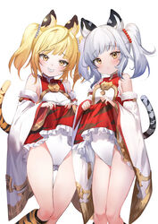  2girls animal_ears animal_print bai_(granblue_fantasy) bare_shoulders bell blonde_hair blush brown_eyes clothes_lift commentary detached_sleeves dress dress_lift erune feet_out_of_frame fuyouchu granblue_fantasy grin hair_bobbles hair_ornament huang_(granblue_fantasy) jingle_bell leotard lifting_own_clothes looking_at_viewer medium_hair multiple_girls parted_lips siblings simple_background sisters sleeveless sleeveless_dress smile symbol-only_commentary tail teeth thigh_gap thighs tiger_ears tiger_girl tiger_print tiger_tail twins twintails white_hair white_leotard wide_sleeves 