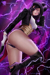  ass black_hair blue_eyes boots corset dc_comics female fishnets gloves hat high_heel_boots high_heels highres jacket lightning looking_at_viewer prywinko purple_background top_hat white_gloves zatanna_zatara 