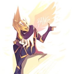  absurdres bad_deviantart_id bad_id blue_pants cape esports_cosmetic feathers finger_gun gloves golden_wings highres jhin league_of_legends mask midorinemurase pants scarf sitting skt_t1_jhin wings 