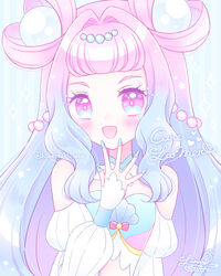  :d bare_shoulders blue_eyes blue_hair blue_nails blush commentary cure_la_mer detached_sleeves eyelash_ornament female gradient_hair hair_intakes hair_rings hand_up highres himetsuki_luna laura_la_mer long_hair long_sleeves looking_at_viewer multicolored_hair nail_polish open_mouth pink_hair precure puffy_long_sleeves puffy_sleeves purple_eyes signature smile solo thick_eyebrows tropical-rouge!_precure twitter_username upper_body very_long_hair white_sleeves 