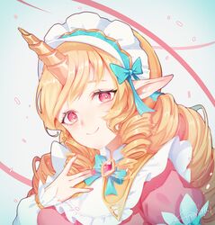  absurdres blonde_hair bow bowtie cafe_cuties_(league_of_legends) cafe_cuties_soraka diamond-shaped_brooch drill_hair female gllmj green_bow green_bowtie grey_background hairbow highres horns league_of_legends long_hair long_sleeves looking_at_viewer maid maid_headdress pink_background pink_eyes simple_background single_horn smile solo soraka_(league_of_legends) twin_drills 