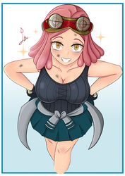  absurdres black_shirt blush boku_no_hero_academia breasts brown_eyes cleavage collarbone commentary english_commentary female gloves goggles goggles_on_head hatsume_mei highres laceysx looking_at_viewer medium_breasts medium_hair pink_hair shirt skirt sleeveless smile solo tied_shirt 