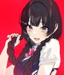  :d black_hair blue_eyes blue_vest blush bow bowtie braid breasts collared_shirt commentary eyelashes female hair_ornament hairclip holding holding_own_hair kayahara long_hair looking_at_viewer medium_breasts nijisanji open_mouth pink_bow pink_bowtie red_background school_uniform shirt short_sleeves side_braids simple_background smile solo symbol-only_commentary tsukino_mito tsukino_mito_(3rd_costume) twin_braids twintails upper_body vest virtual_youtuber white_shirt 