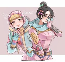  2girls :3 alternate_color animification apex_legends black_hair blonde_hair blue_eyes blue_jacket blue_scarf blush bodysuit bow breasts embarrassed green_bow hair_bun hairbow hand_on_own_face heart highres hood jacket kawaii_voltage_wattson leaning_forward looking_down matching_outfits medium_breasts multiple_girls open_hand open_mouth orange_bow pink_bodysuit pink_bow pink_headwear ribbed_bodysuit scarf shimijimi single_hair_bun small_breasts smile smug wattson_(apex_legends) wraith_(apex_legends) yellow_bodysuit 