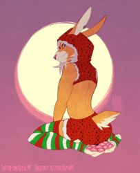  absurd_res ass christmas christmas_clothing clothing ear_piercing feet fur gergalergg hair hare hi_res holidays hoodie kaysa kneeling lagomorph leggings legwear leporid long_hair male mammal orange_body orange_fur patreon pawpads piercing purple_eyes rabbit solo subscribestar topwear 